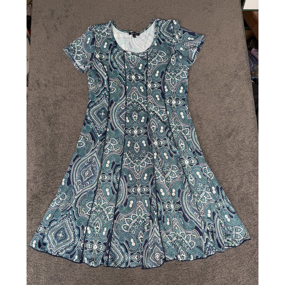 Sami & Jo Womens Large Navy Blue Teal Paisley Fit Flare Short Sleeve Dress